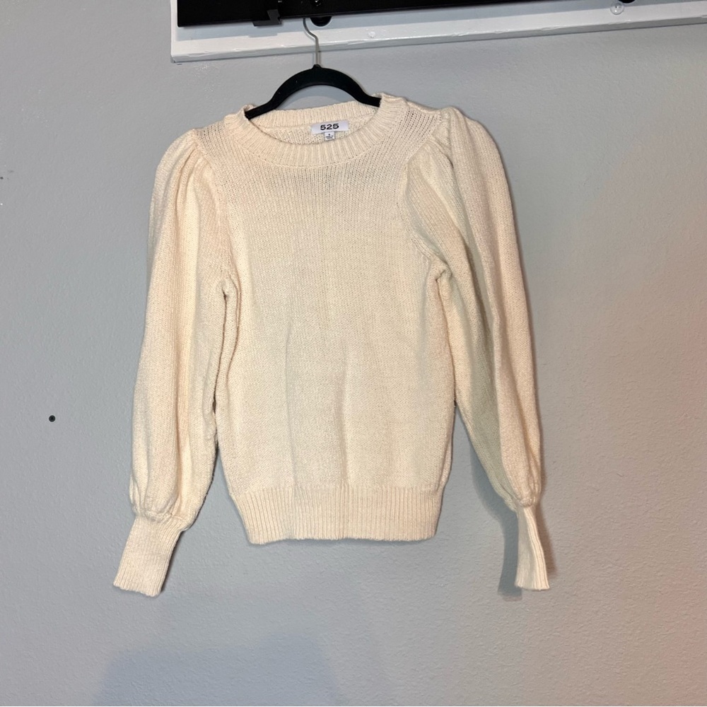 525 Sweater Pullover Crewneck Puff Sleeves Cream Ivory Beige Cotton Size Small - Picture 3 of 7